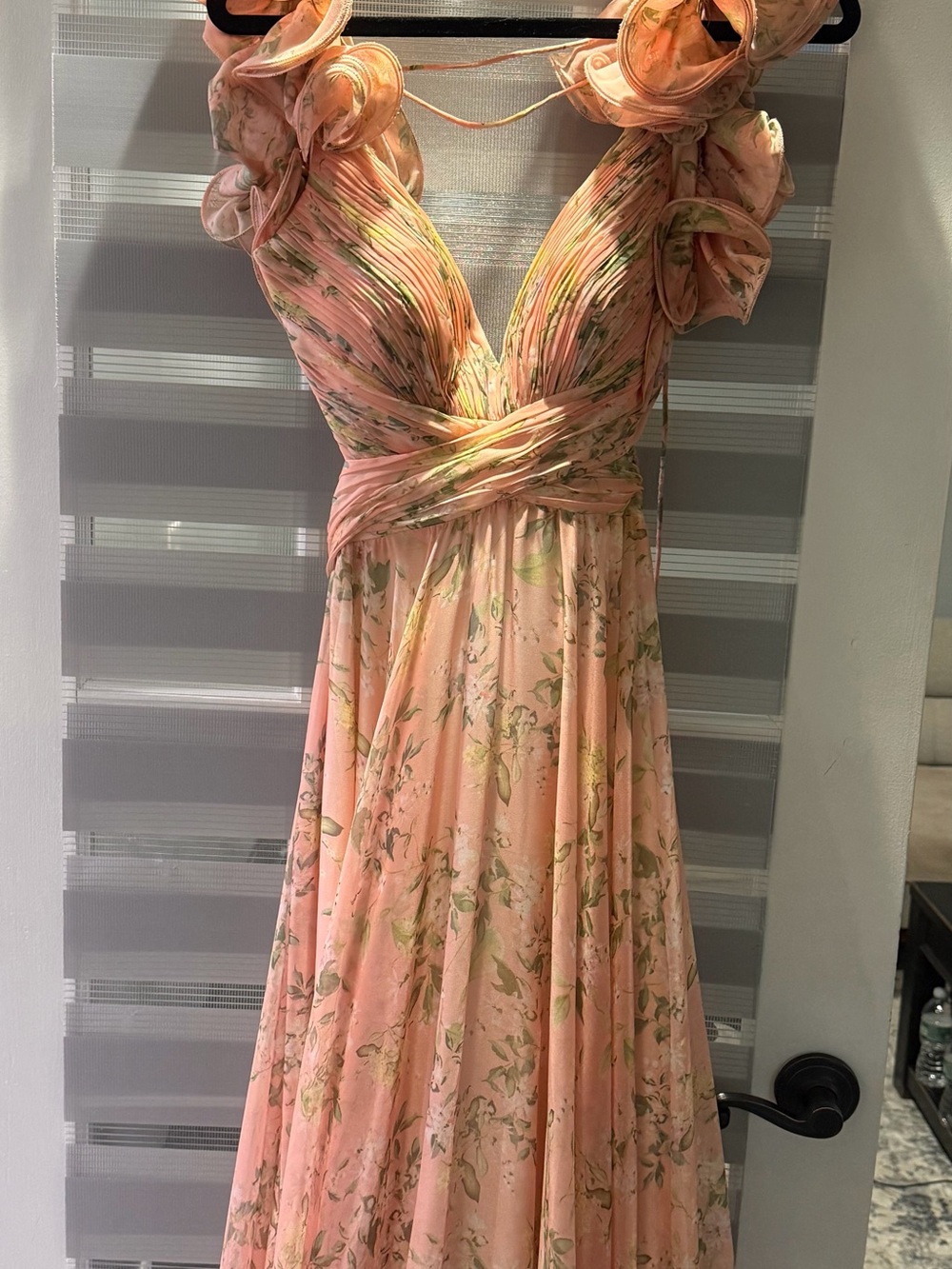 Mac Duggal Blush Pink Floral Maxi Dress with Ruffled Shoulders - Picture 4 of 6